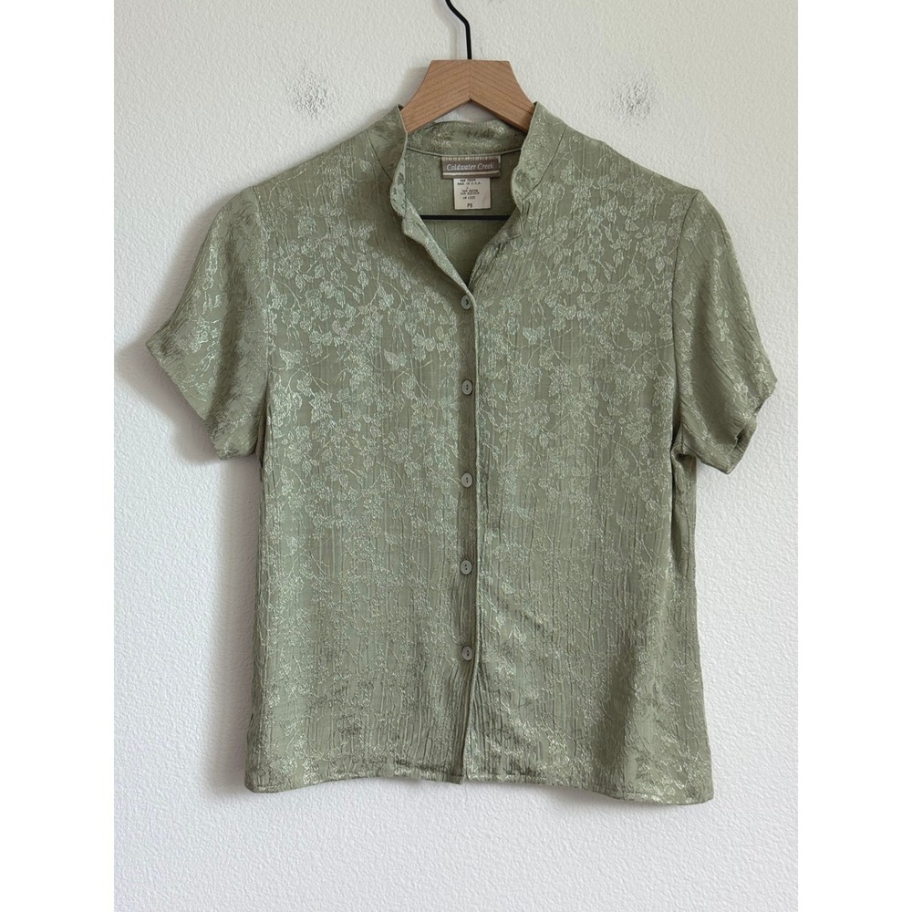 Sage Green Floral Jacquard Blouse P8 Crinkle Button Down Vintage Cottagecore Top